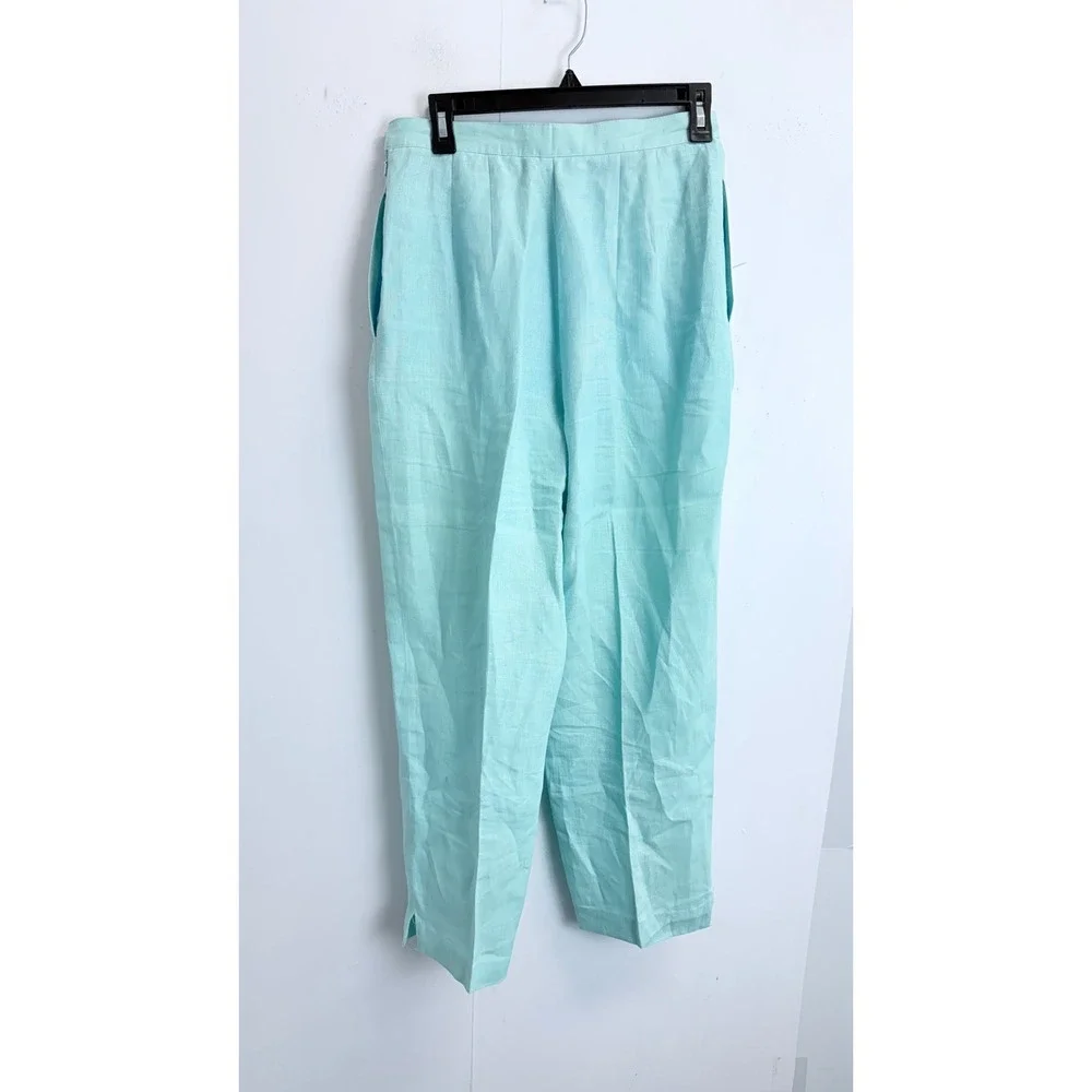 Talbots Vintage 100% Irish Linen‎ 2 Piece Pant Suit Light Blue Zip Jacket Size 8